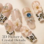 Leopard French 3D White Flower Press‑On Nails, Nude Base Medium‑Long T‑Shape False Nails with Blue Gem & Gold Beads